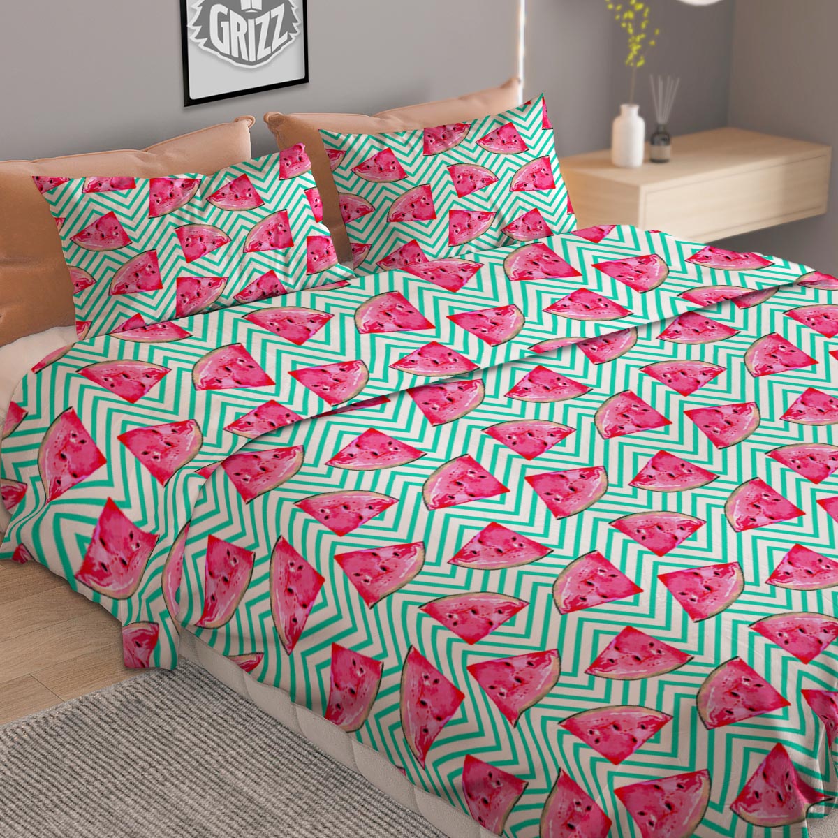 Watermelon Teal Chevron Print Pattern Duvet Cover Bedding Set