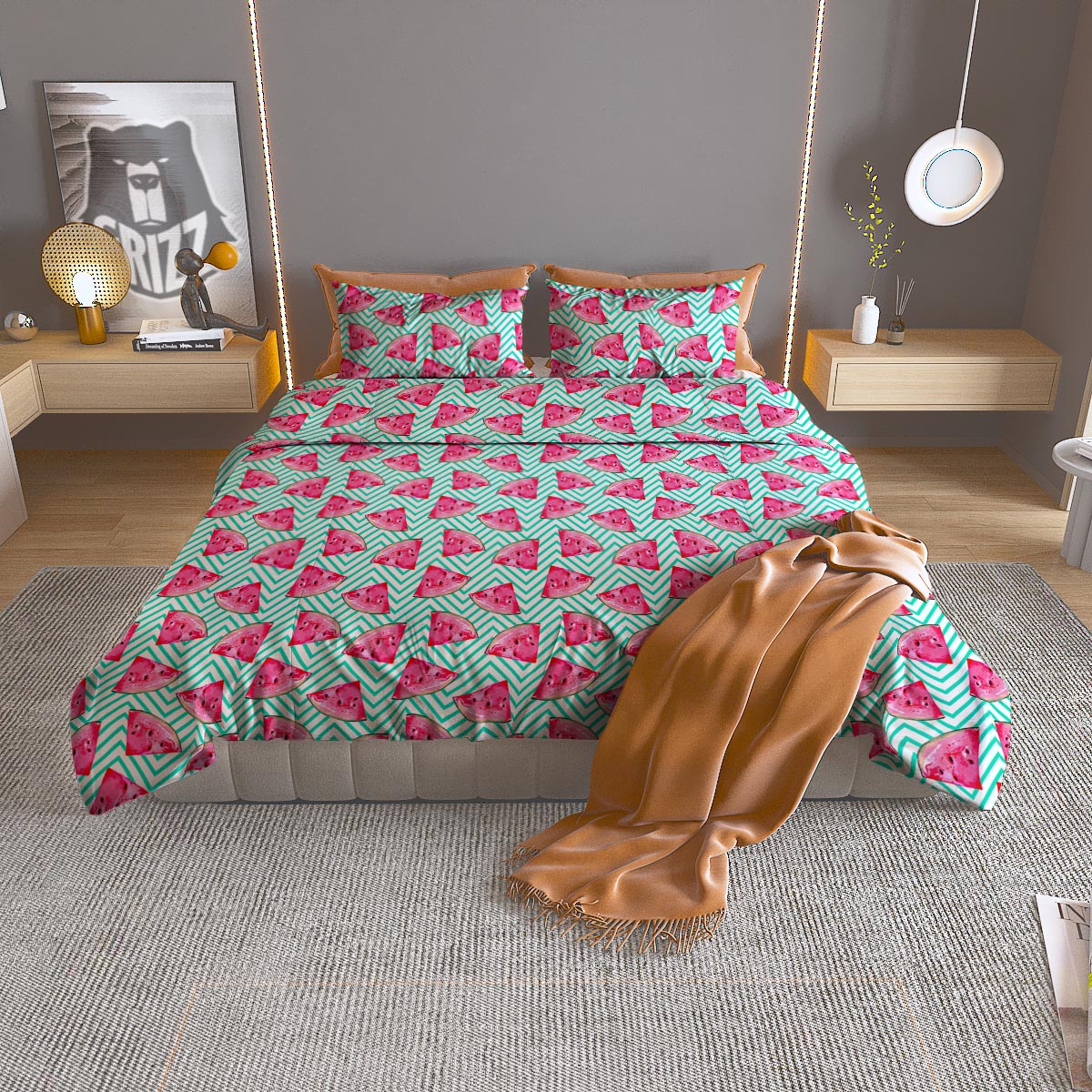 Watermelon Teal Chevron Print Pattern Duvet Cover Bedding Set