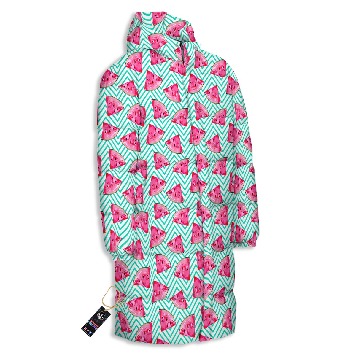 Watermelon Teal Chevron Print Pattern Long Down Jacket-grizzshop
