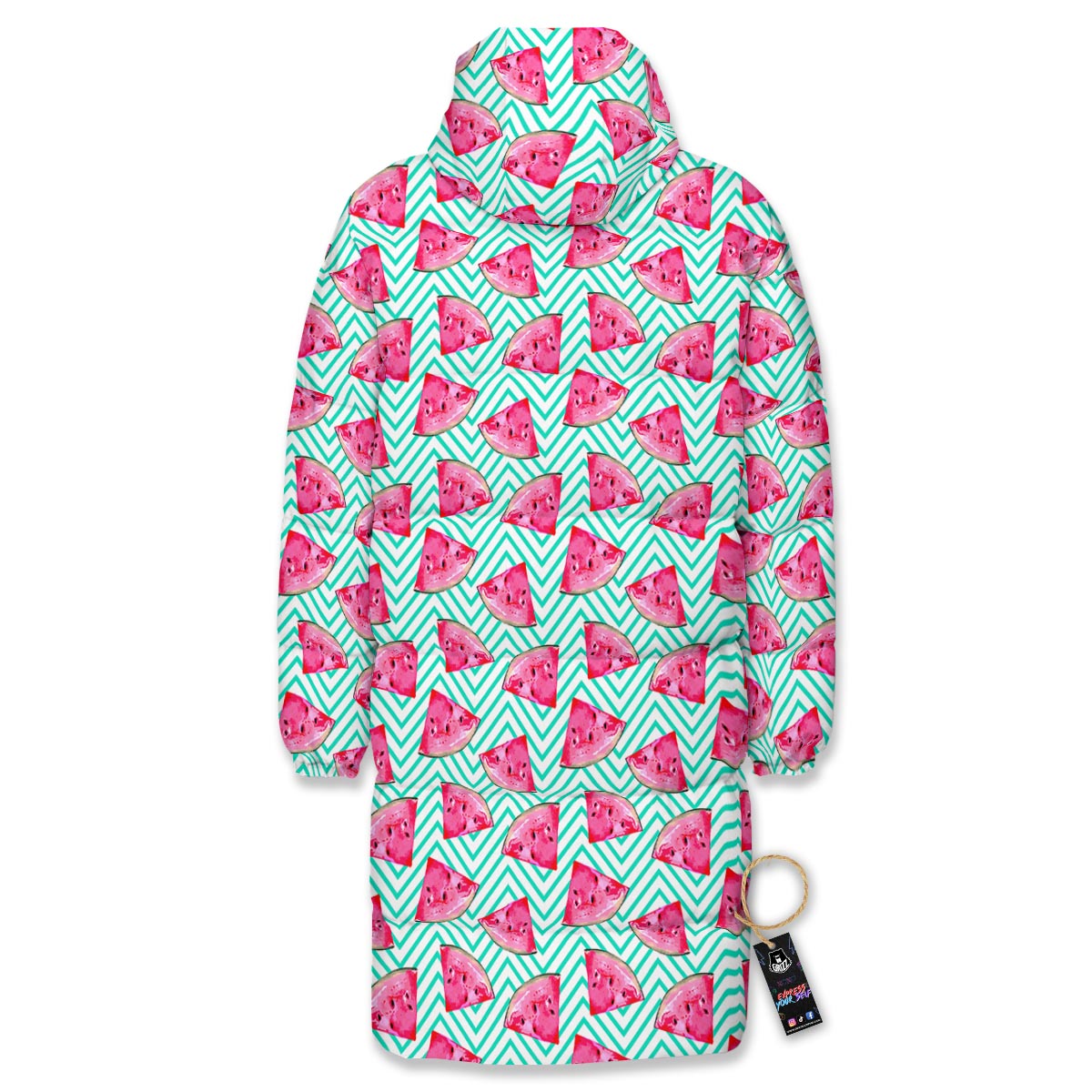 Watermelon Teal Chevron Print Pattern Long Down Jacket-grizzshop