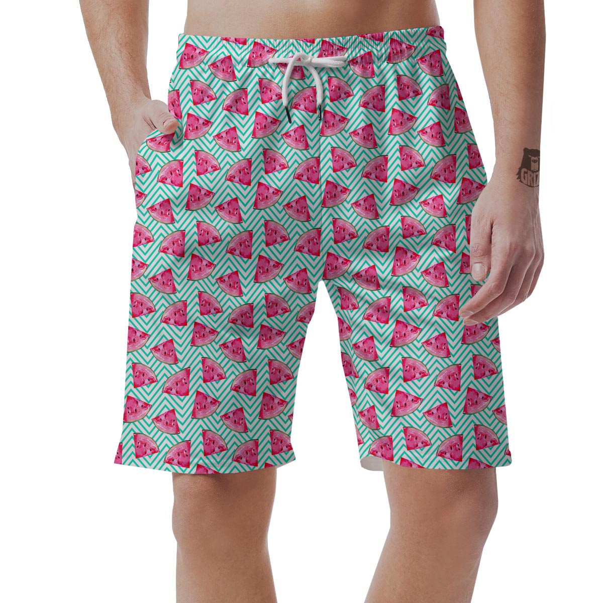 Watermelon Teal Chevron Print Pattern Men's Shorts-grizzshop