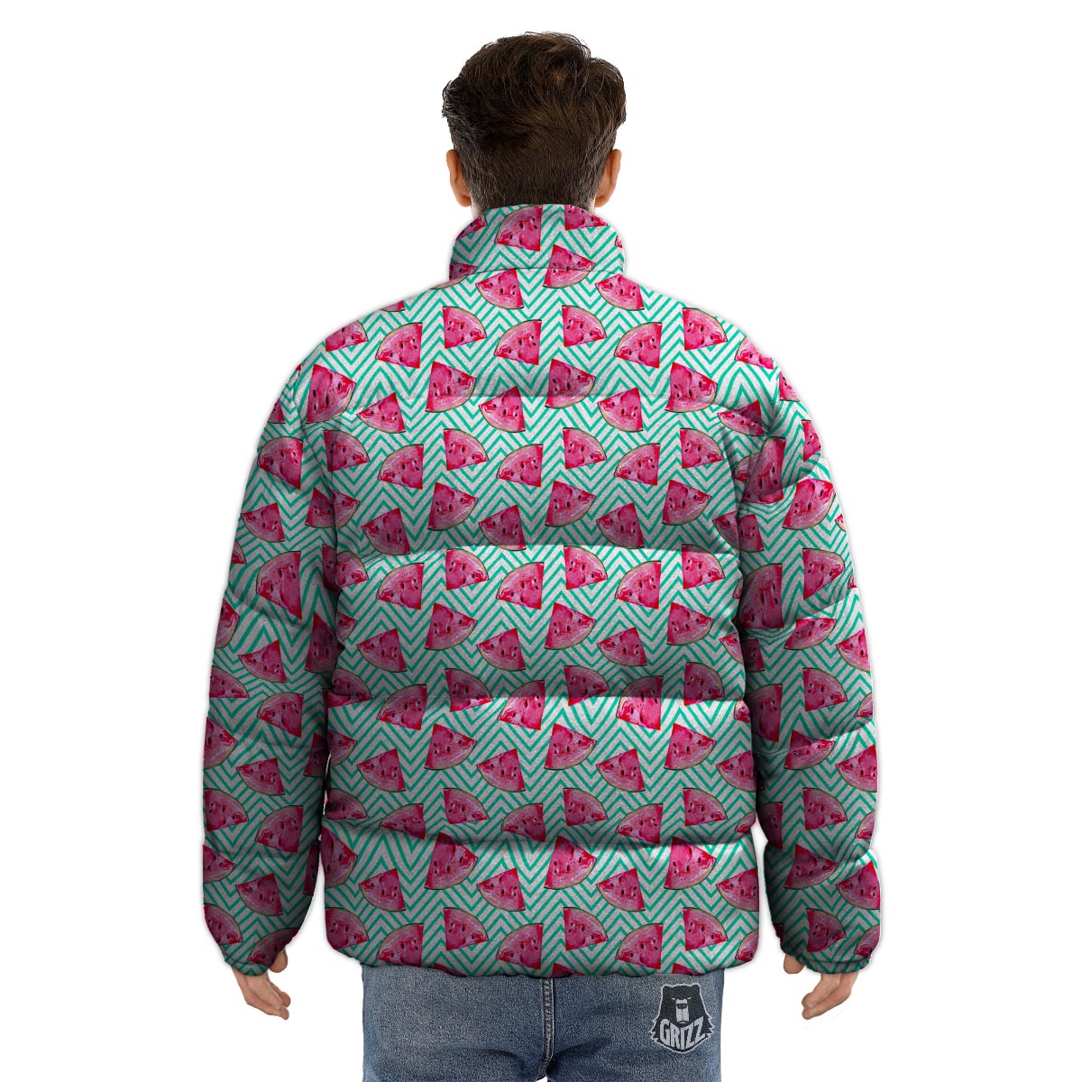 Watermelon Teal Chevron Print Pattern Puffer Jacket-grizzshop