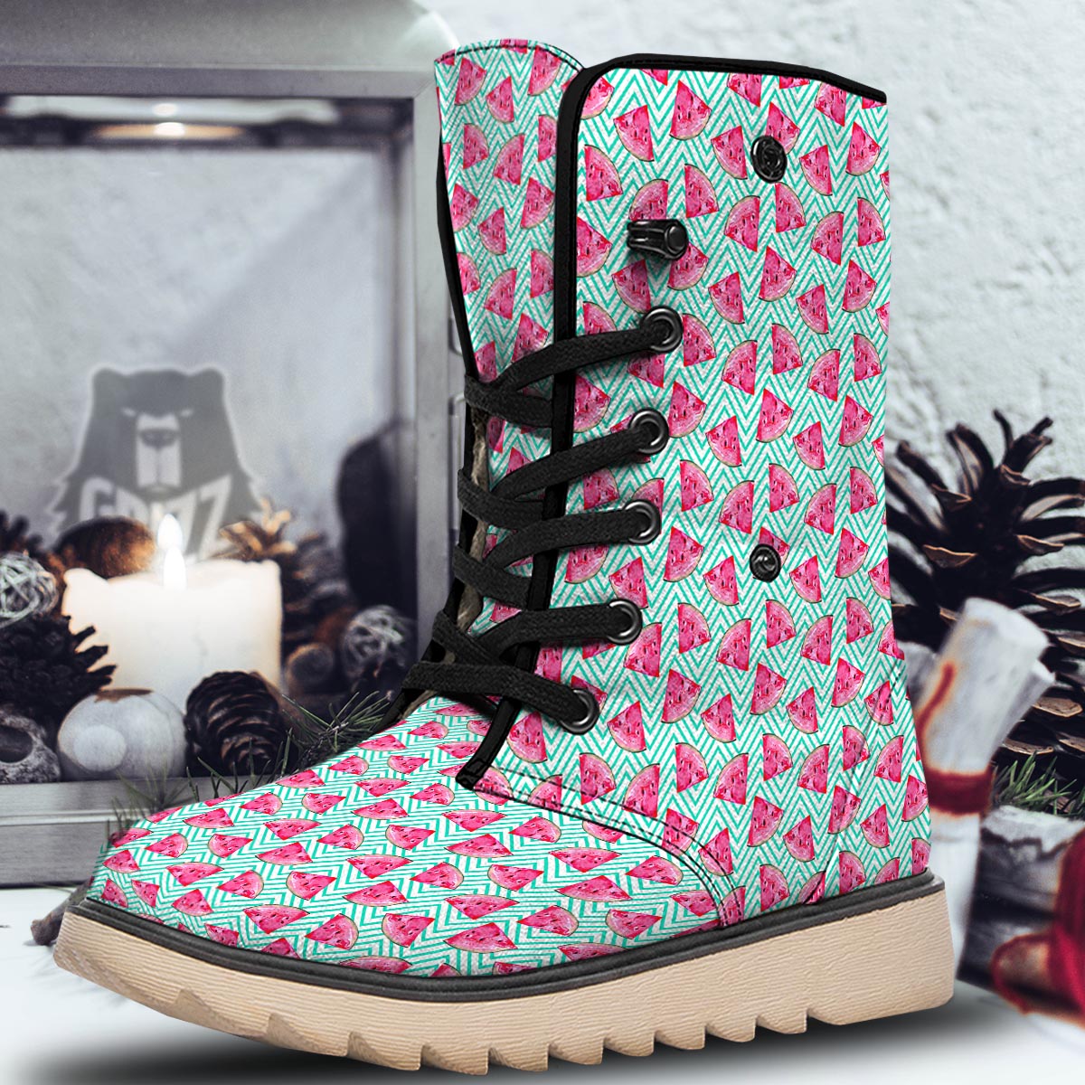 Watermelon Teal Chevron Print Pattern Snow Boots-grizzshop