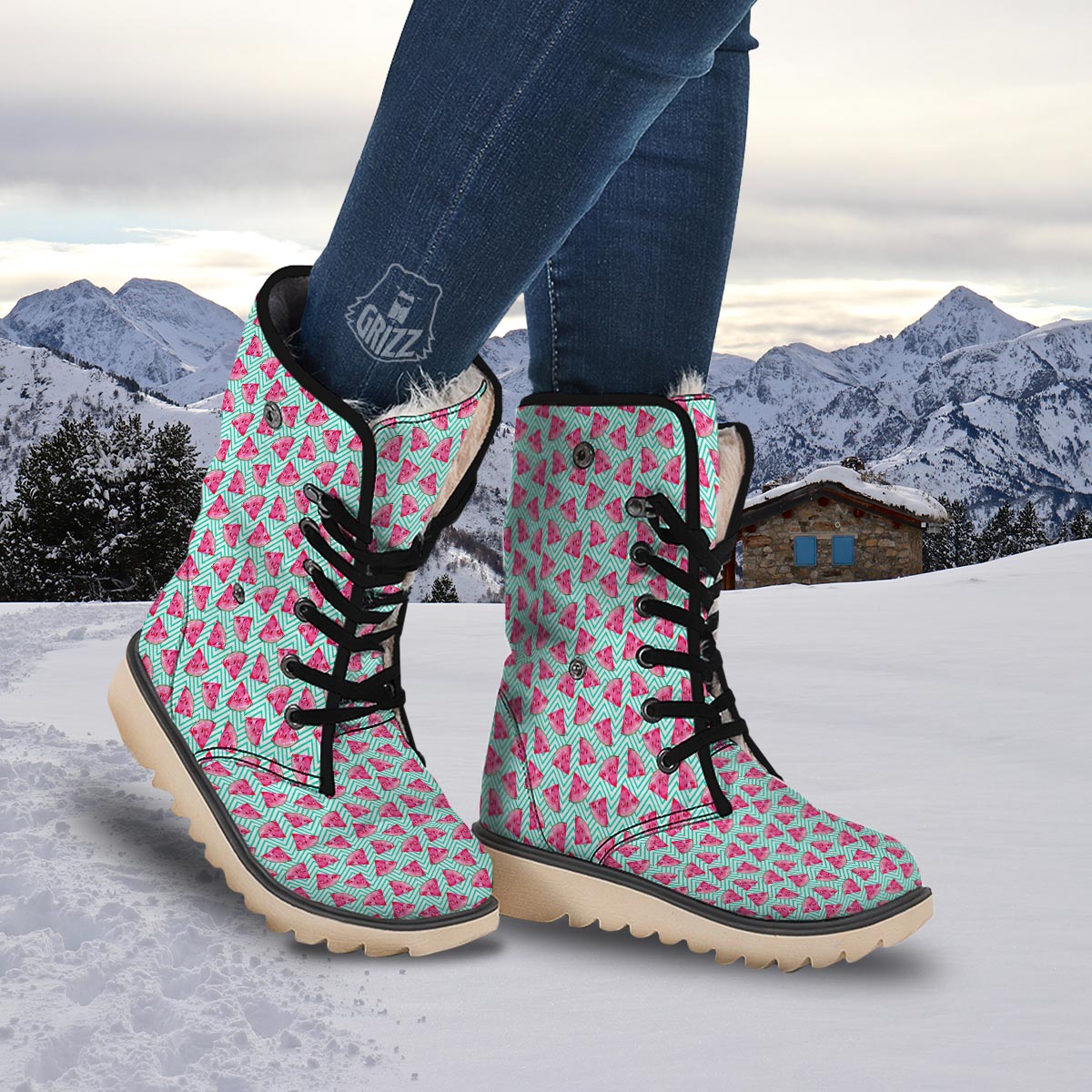 Watermelon Teal Chevron Print Pattern Snow Boots-grizzshop
