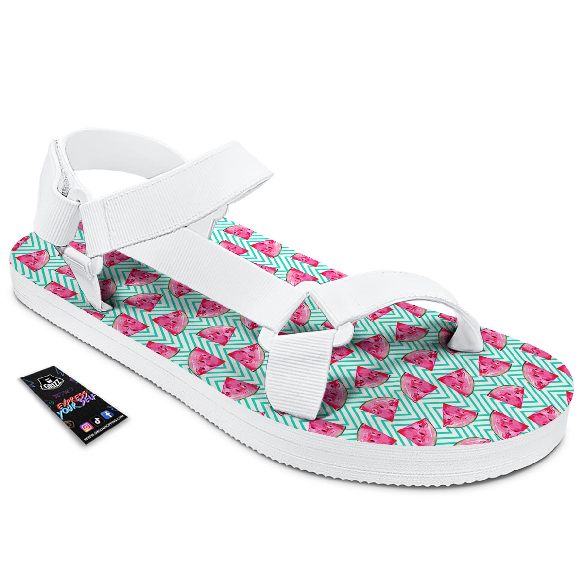 Watermelon Teal Chevron Print Pattern White Open Toe Sandals-grizzshop