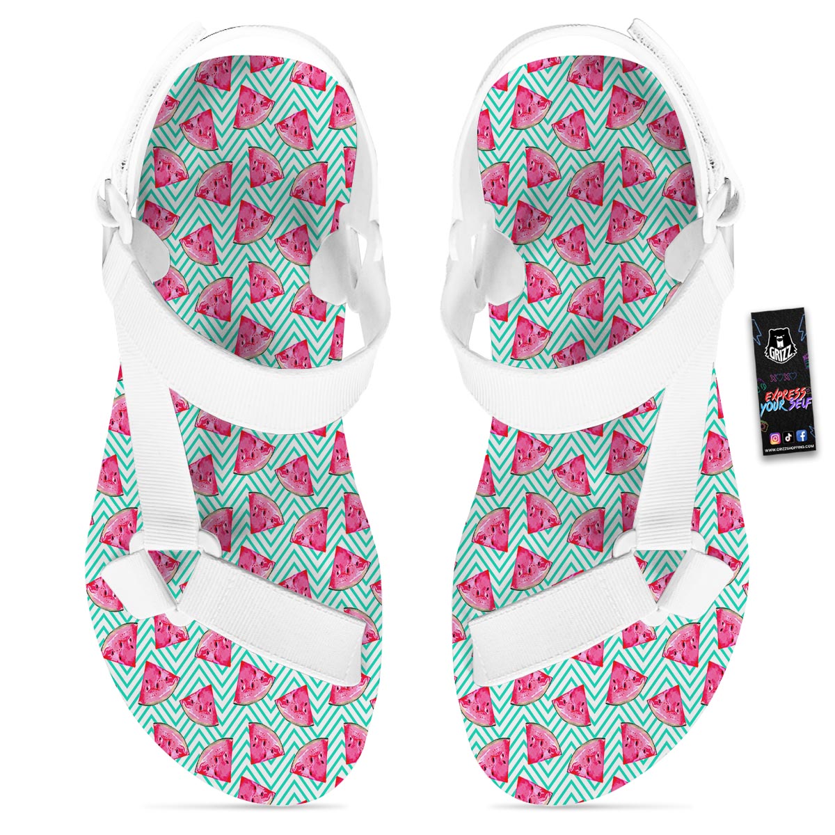 Watermelon Teal Chevron Print Pattern White Open Toe Sandals-grizzshop