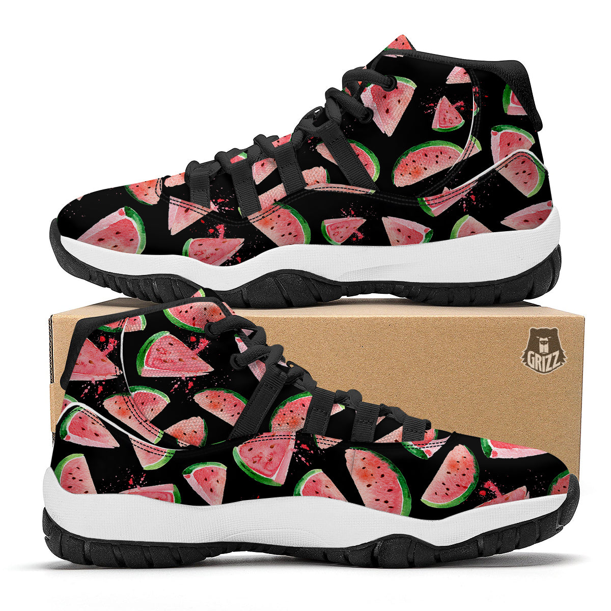 Watermelon Watercolor Print Pattern Black Bball Shoes-grizzshop