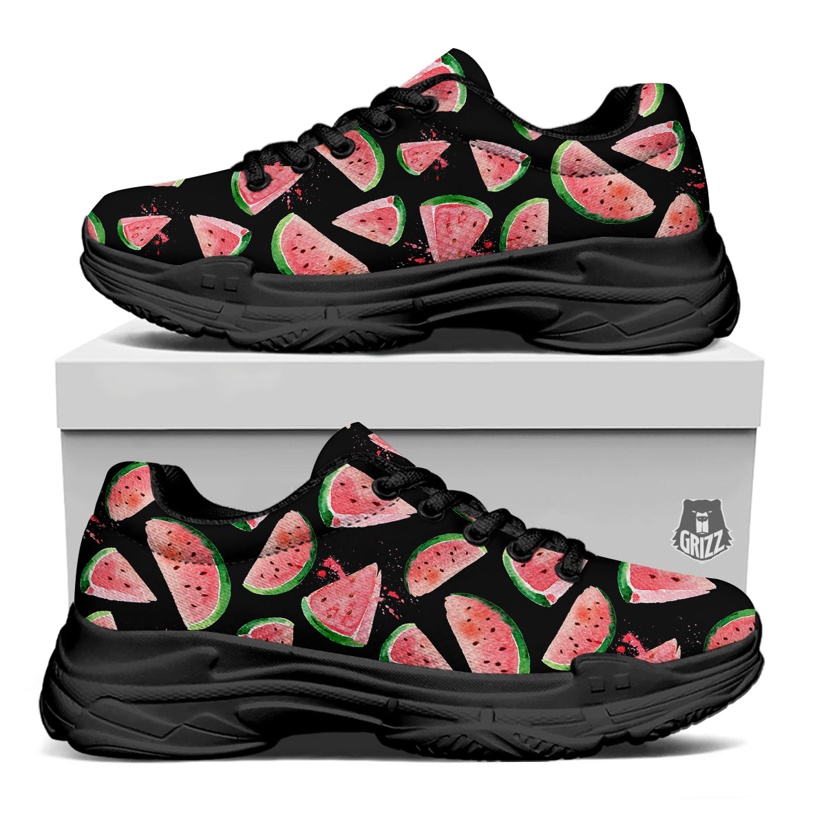 Watermelon Watercolor Print Pattern Black Chunky Shoes-grizzshop