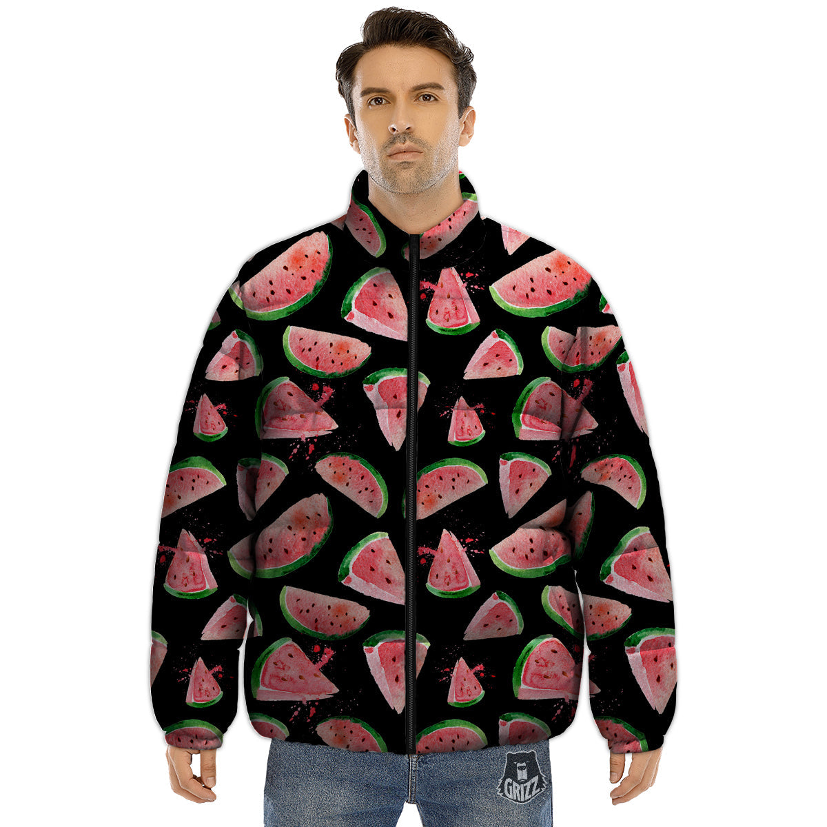 Watermelon Watercolor Print Pattern Puffer Jacket-grizzshop