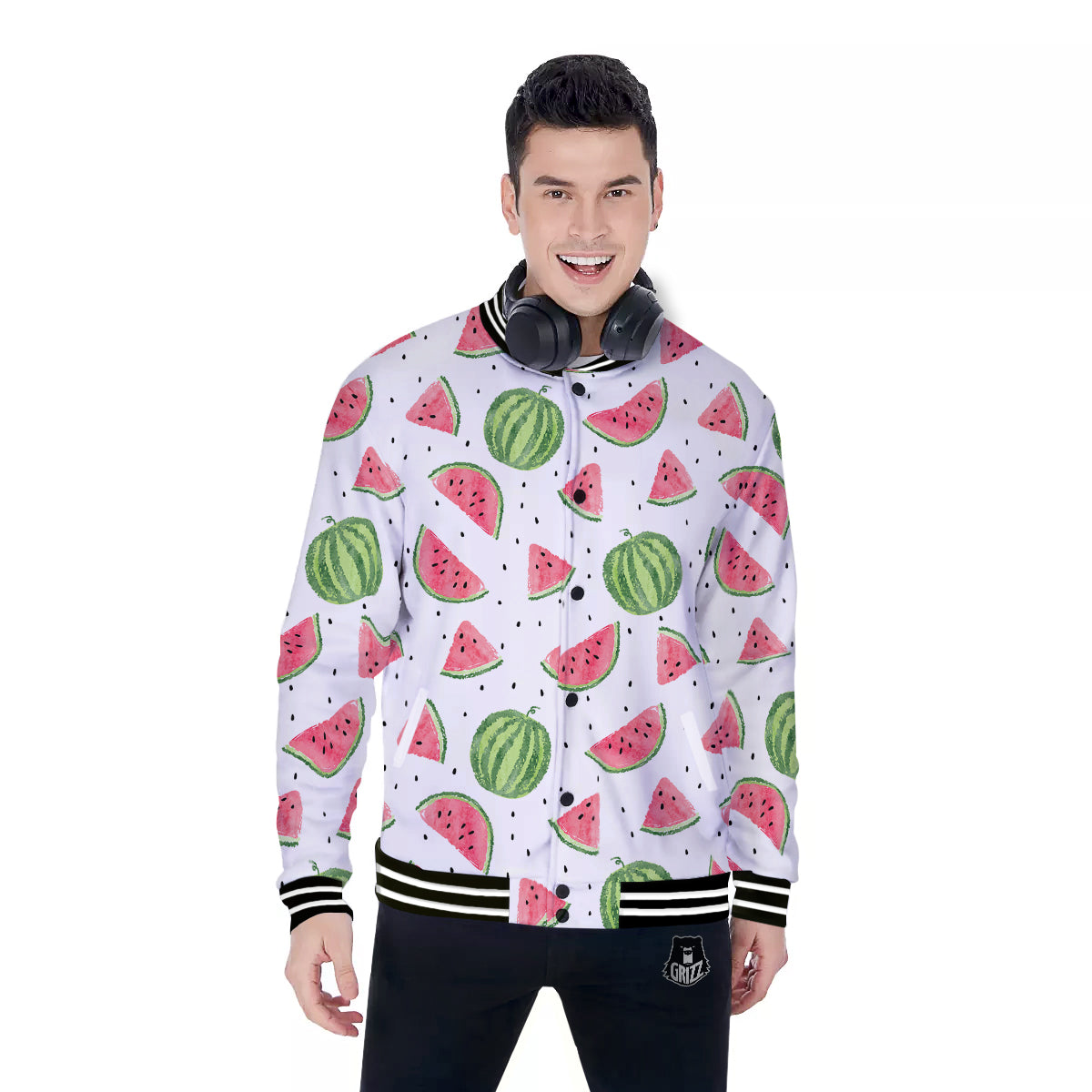 Watermelon White Summer Print Pattern Baseball Jacket-grizzshop