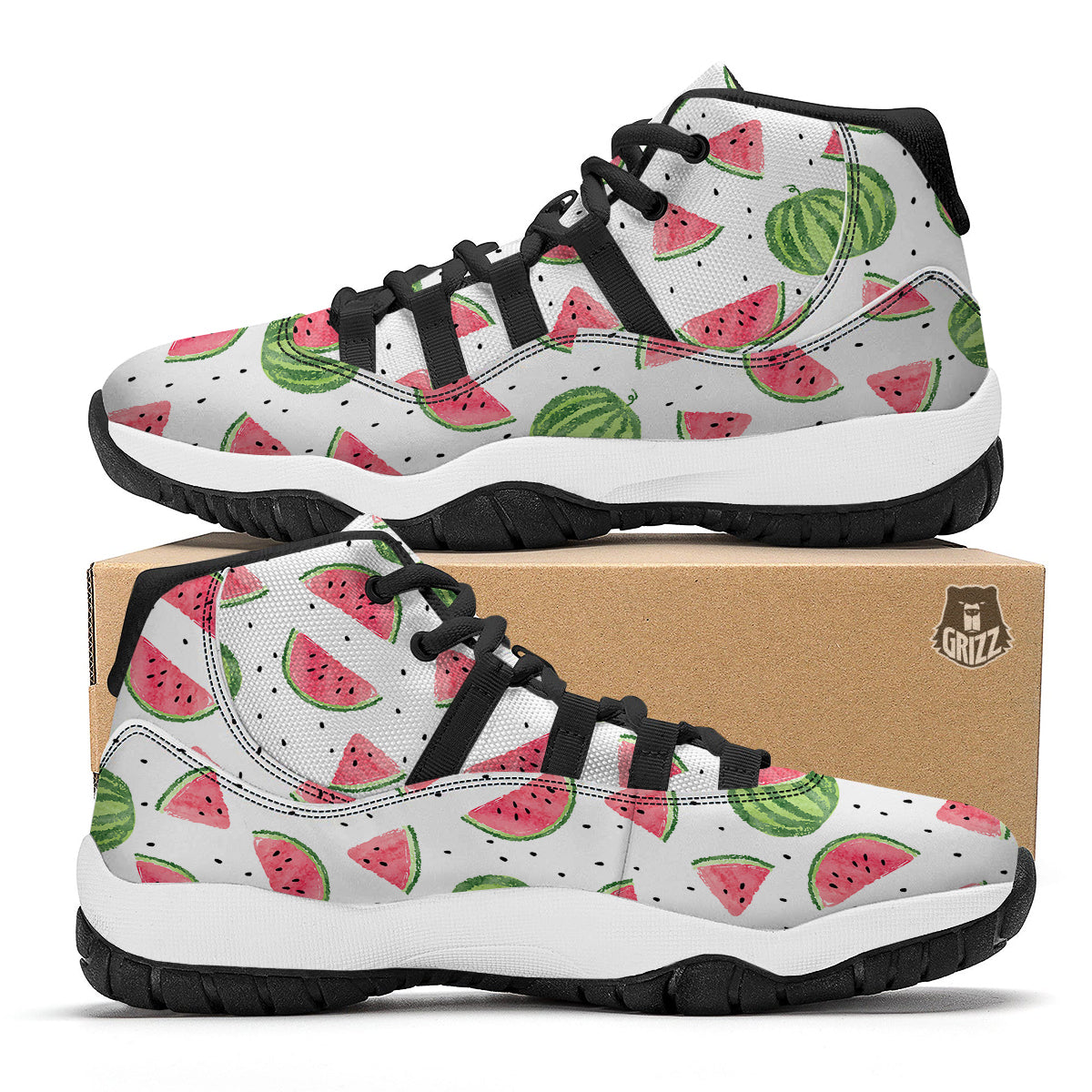 Watermelon White Summer Print Pattern Black Bball Shoes-grizzshop