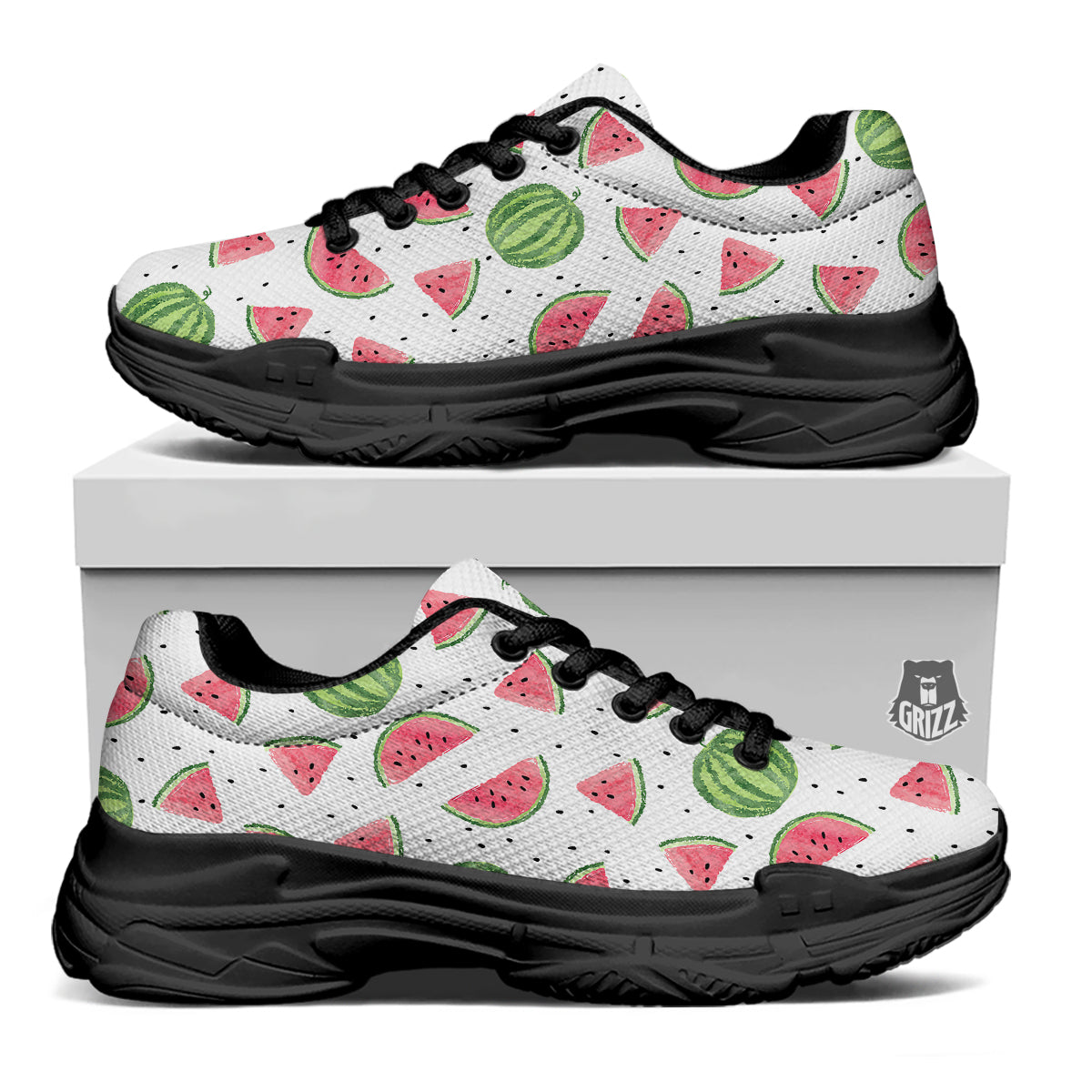 Watermelon White Summer Print Pattern Black Chunky Shoes-grizzshop
