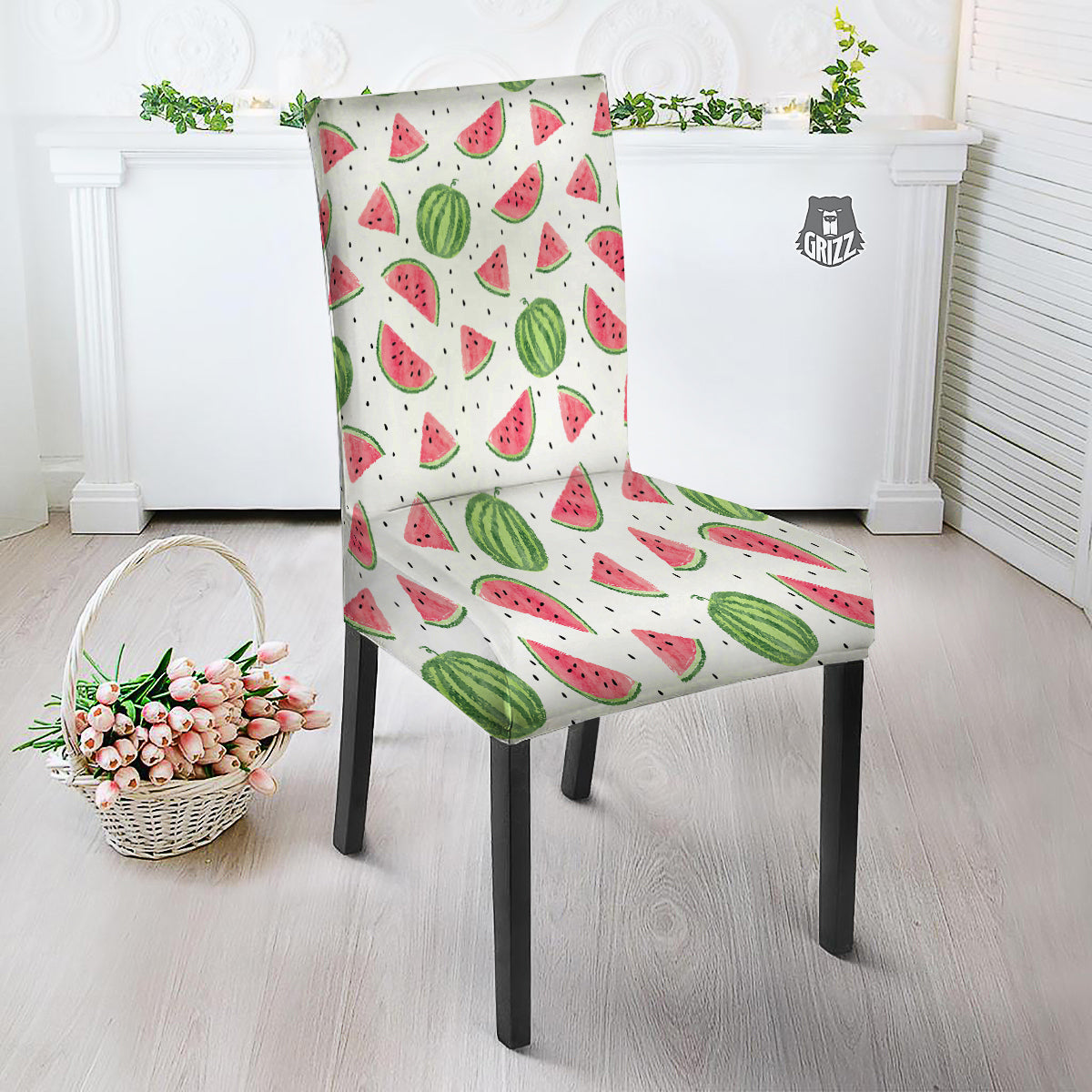 Watermelon White Summer Print Pattern Dining Chair Slipcover-grizzshop