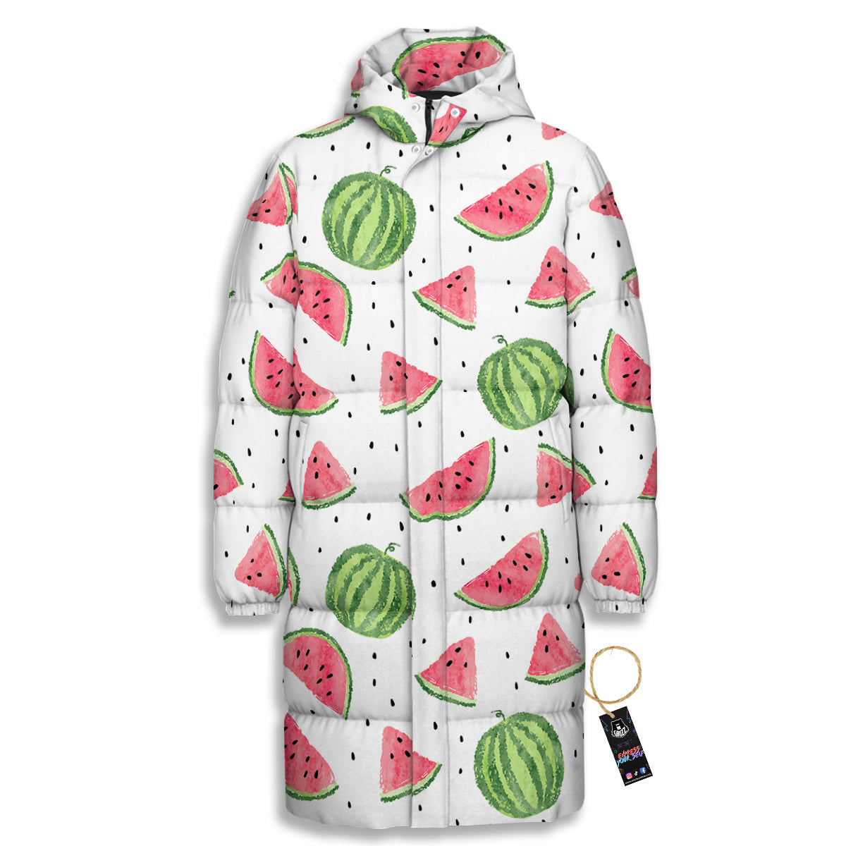 Watermelon White Summer Print Pattern Long Down Jacket-grizzshop