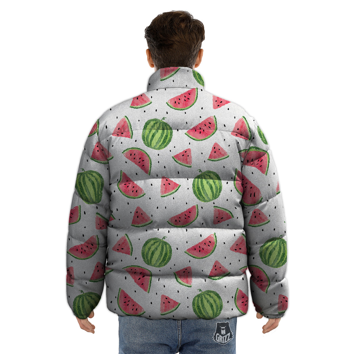 Watermelon White Summer Print Pattern Puffer Jacket-grizzshop