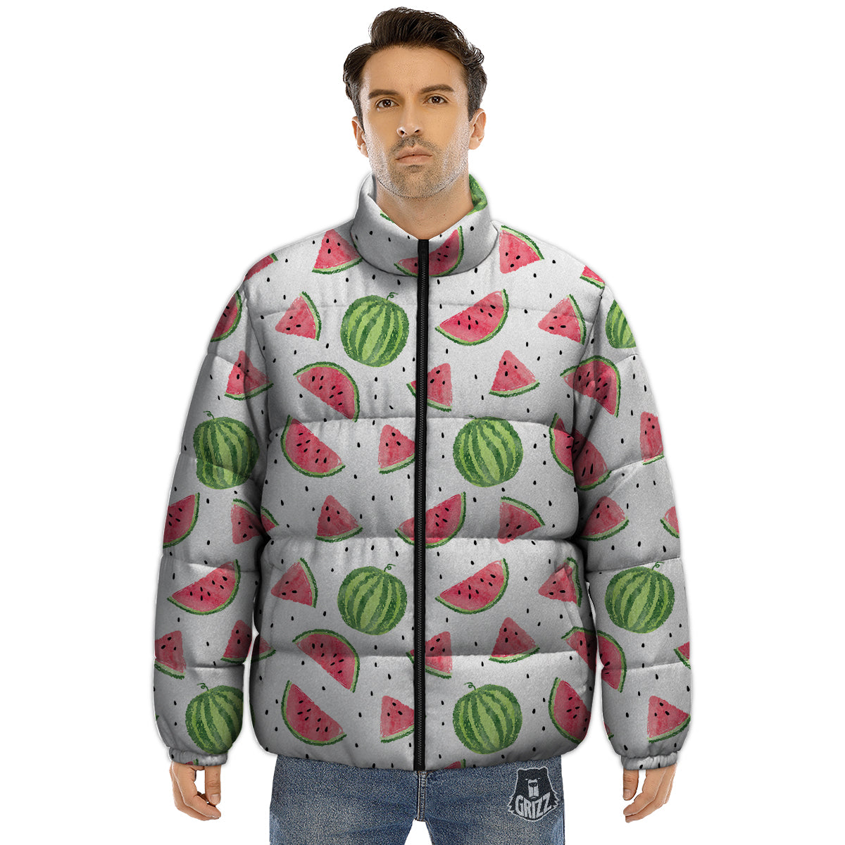 Watermelon White Summer Print Pattern Puffer Jacket-grizzshop
