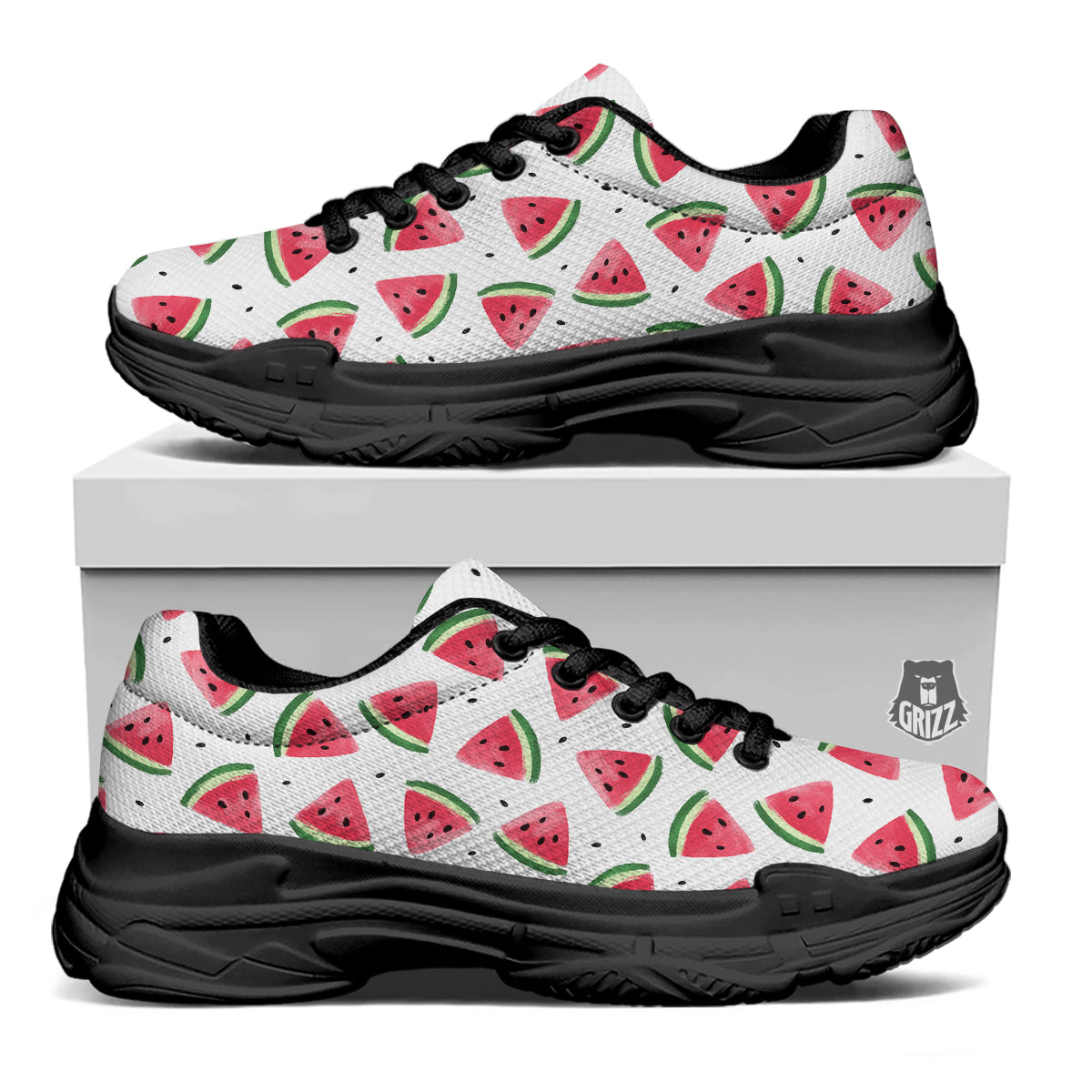 Watermelon White Tropical Print Pattern Black Chunky Shoes-grizzshop