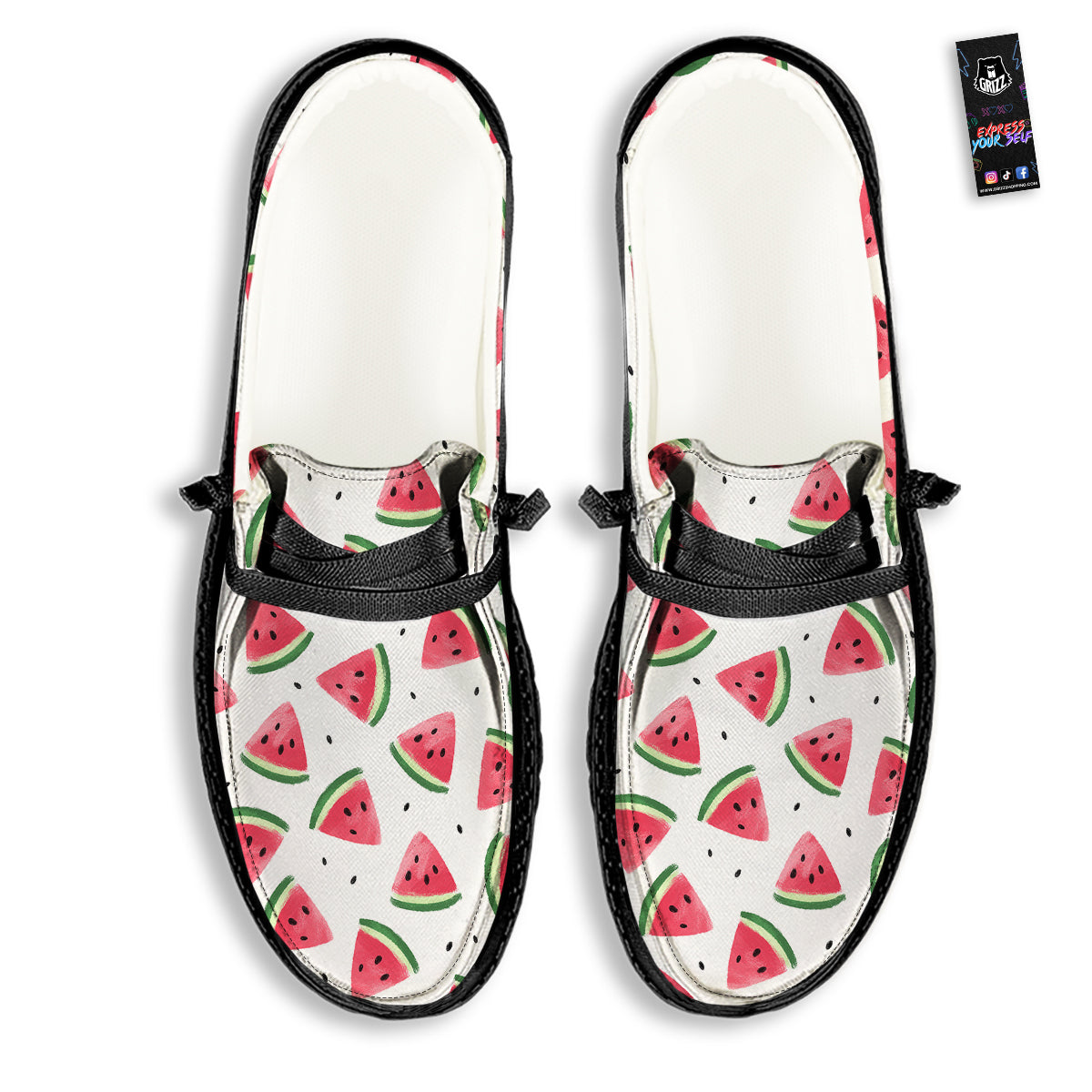 Watermelon White Tropical Print Pattern Black Loafers-grizzshop