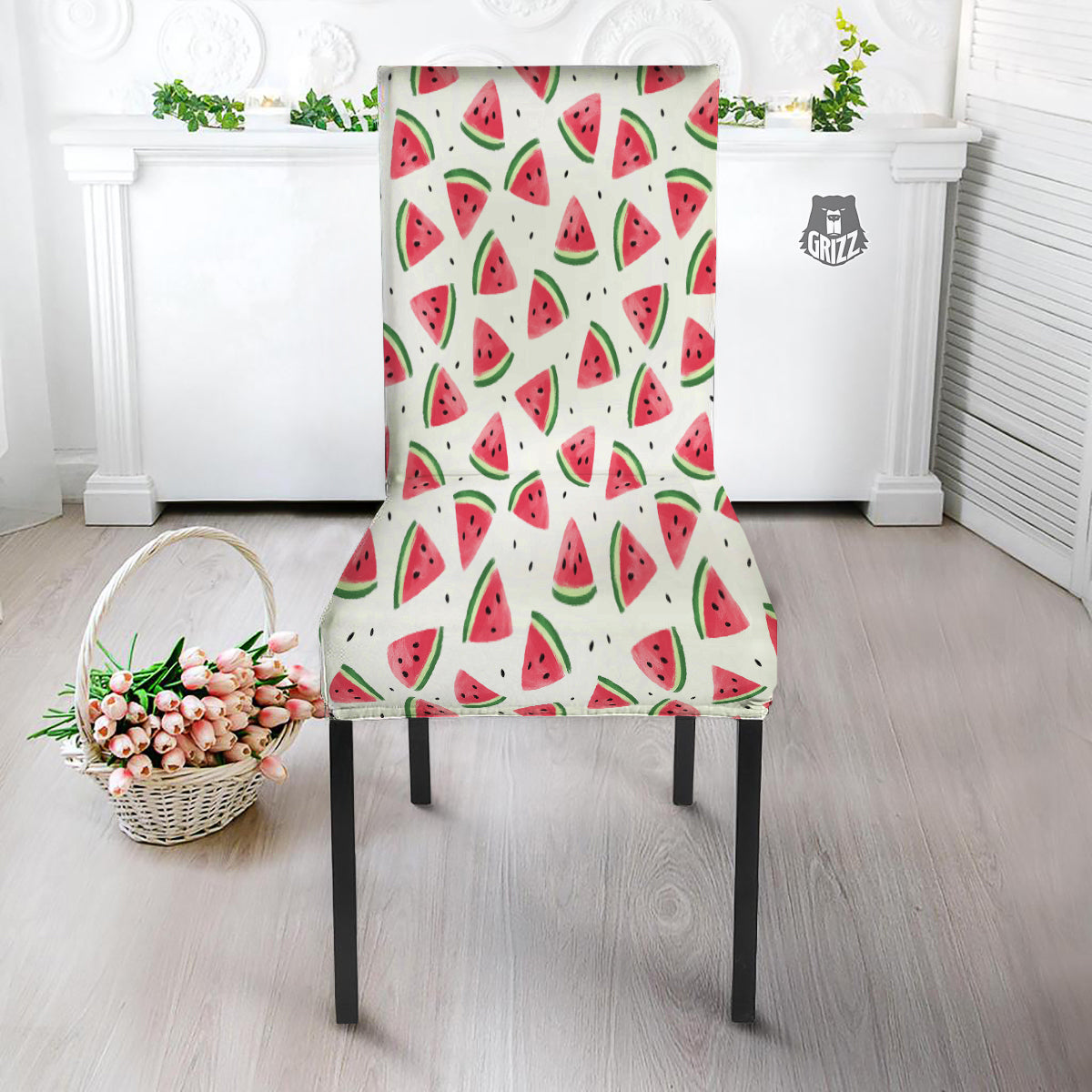 Watermelon White Tropical Print Pattern Dining Chair Slipcover-grizzshop