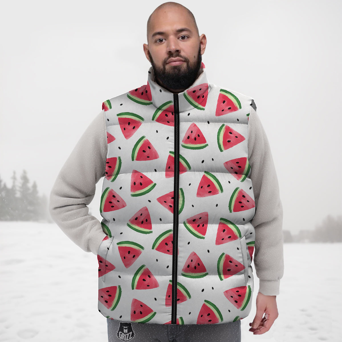Watermelon White Tropical Print Pattern Down Vest-grizzshop
