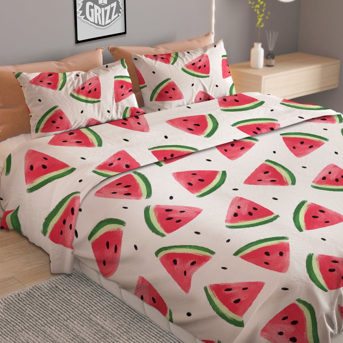 Watermelon White Tropical Print Pattern Duvet Cover Bedding Set-grizzshop
