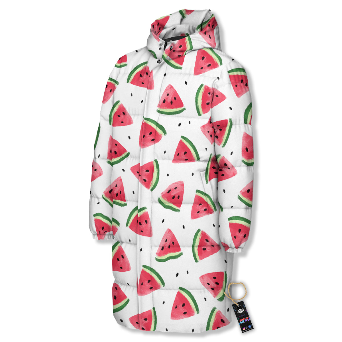 Watermelon White Tropical Print Pattern Long Down Jacket-grizzshop