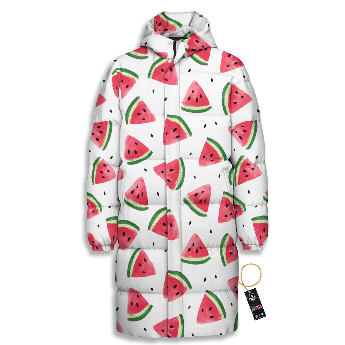Watermelon White Tropical Print Pattern Long Down Jacket-grizzshop