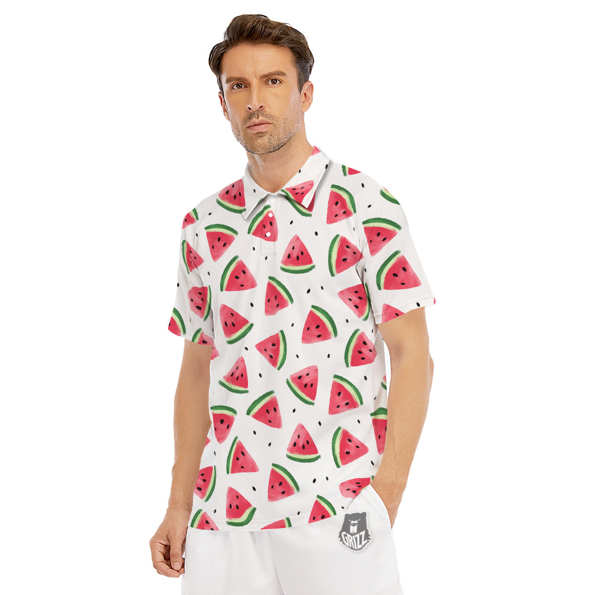 Watermelon White Tropical Print Pattern Men's Golf Shirts-grizzshop