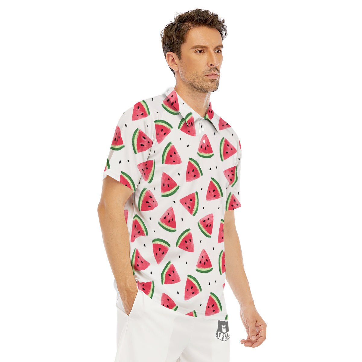 Watermelon White Tropical Print Pattern Men's Golf Shirts-grizzshop