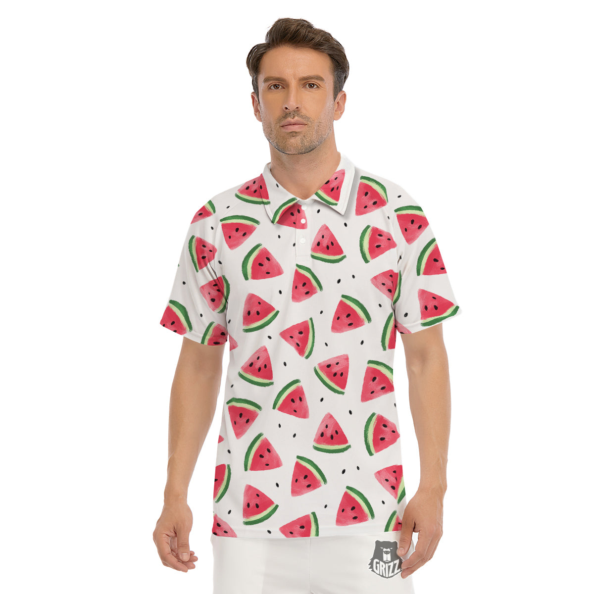 Watermelon White Tropical Print Pattern Men's Golf Shirts-grizzshop