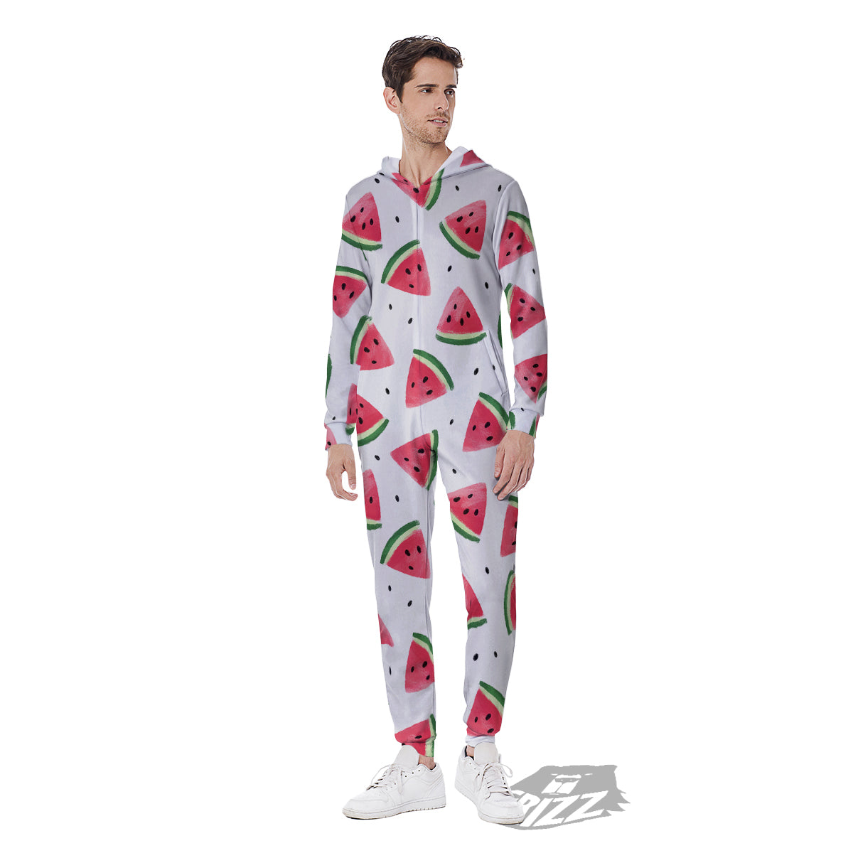 Watermelon White Tropical Print Pattern Men's Jumpsuit-grizzshop