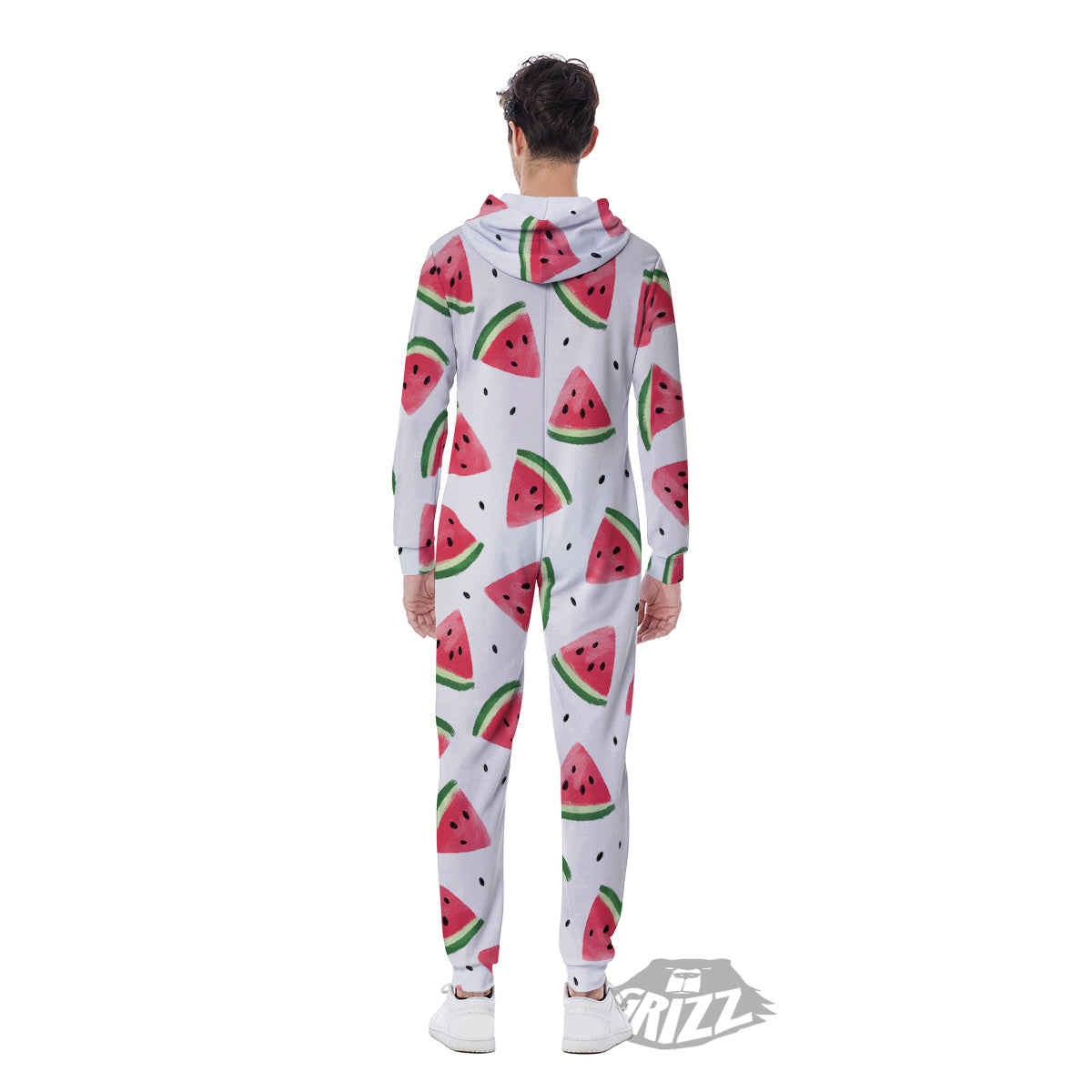 Watermelon White Tropical Print Pattern Men's Jumpsuit-grizzshop