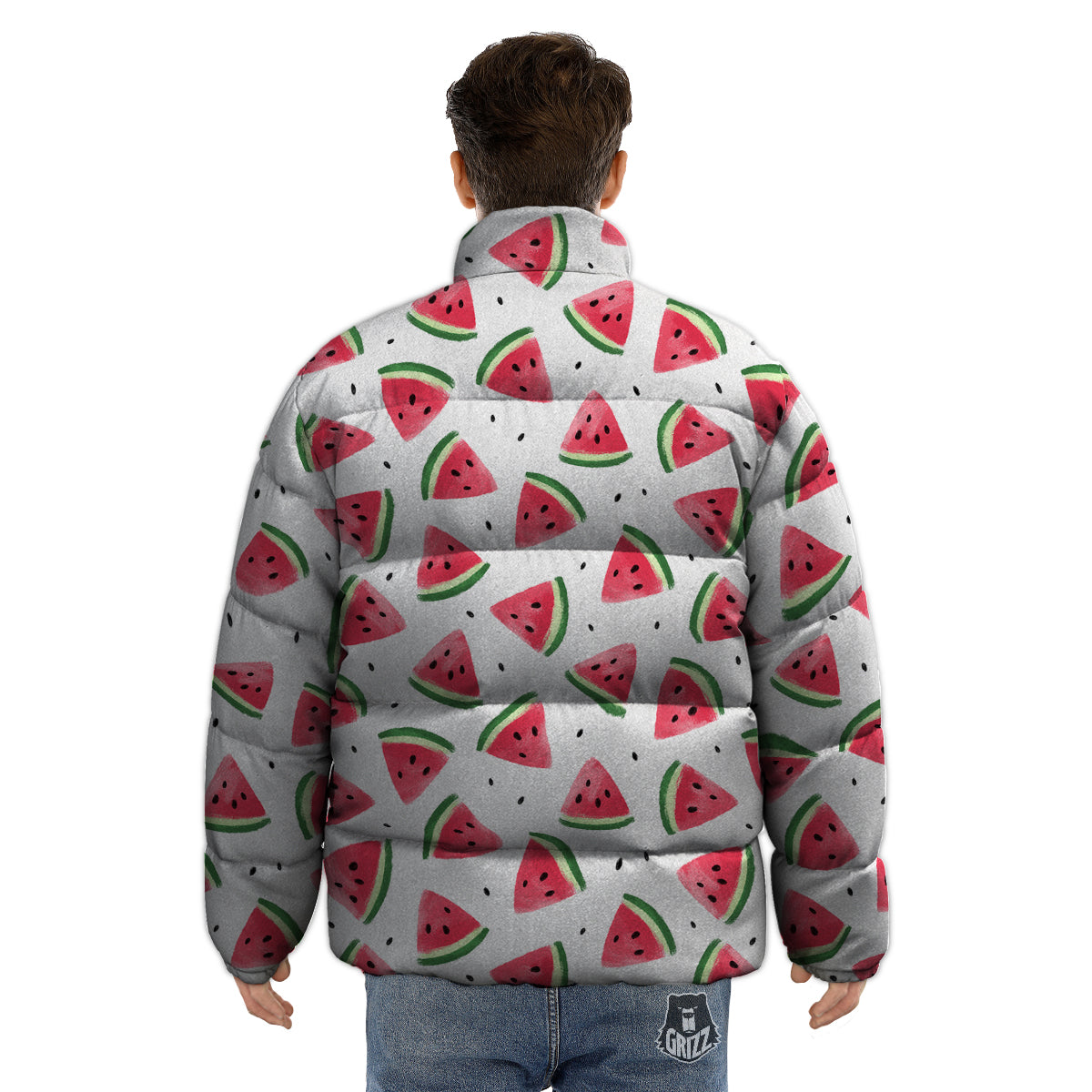 Watermelon White Tropical Print Pattern Puffer Jacket-grizzshop
