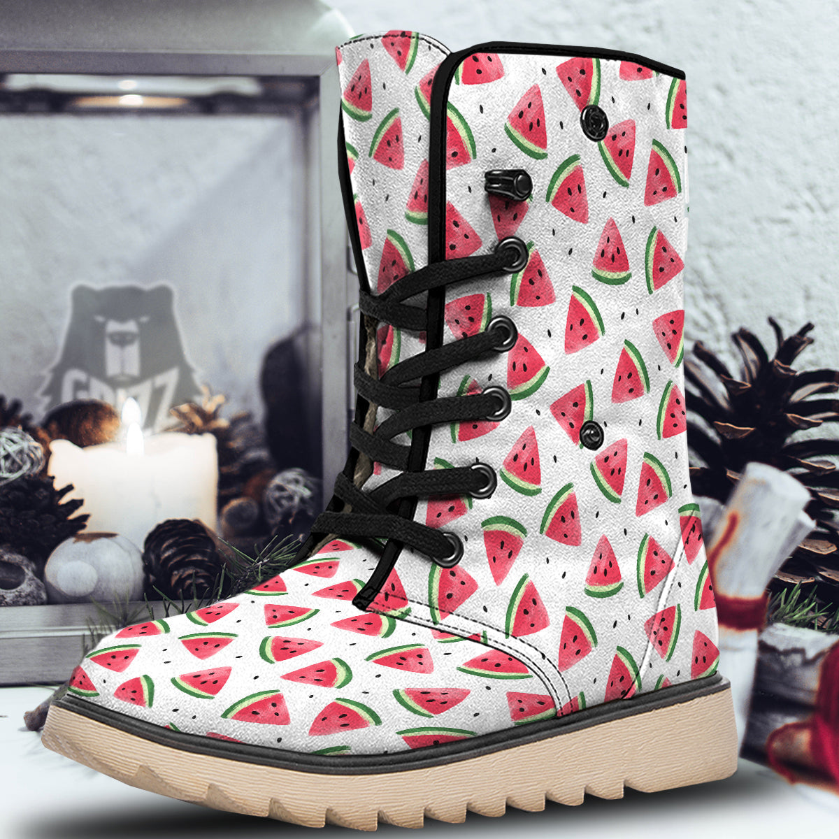 Watermelon White Tropical Print Pattern Snow Boots-grizzshop