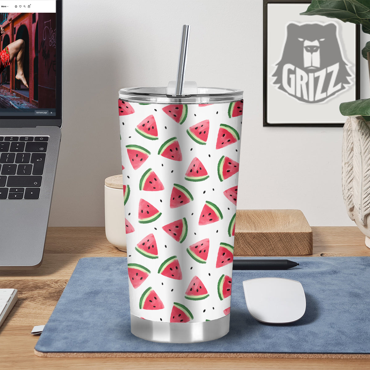 Watermelon White Tropical Print Pattern Tumbler-grizzshop