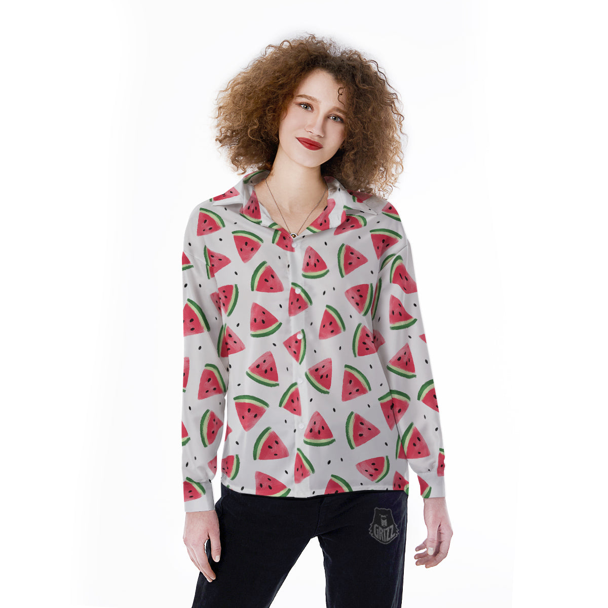 Watermelon White Tropical Print Pattern Women's Long Sleeve Shirts-grizzshop
