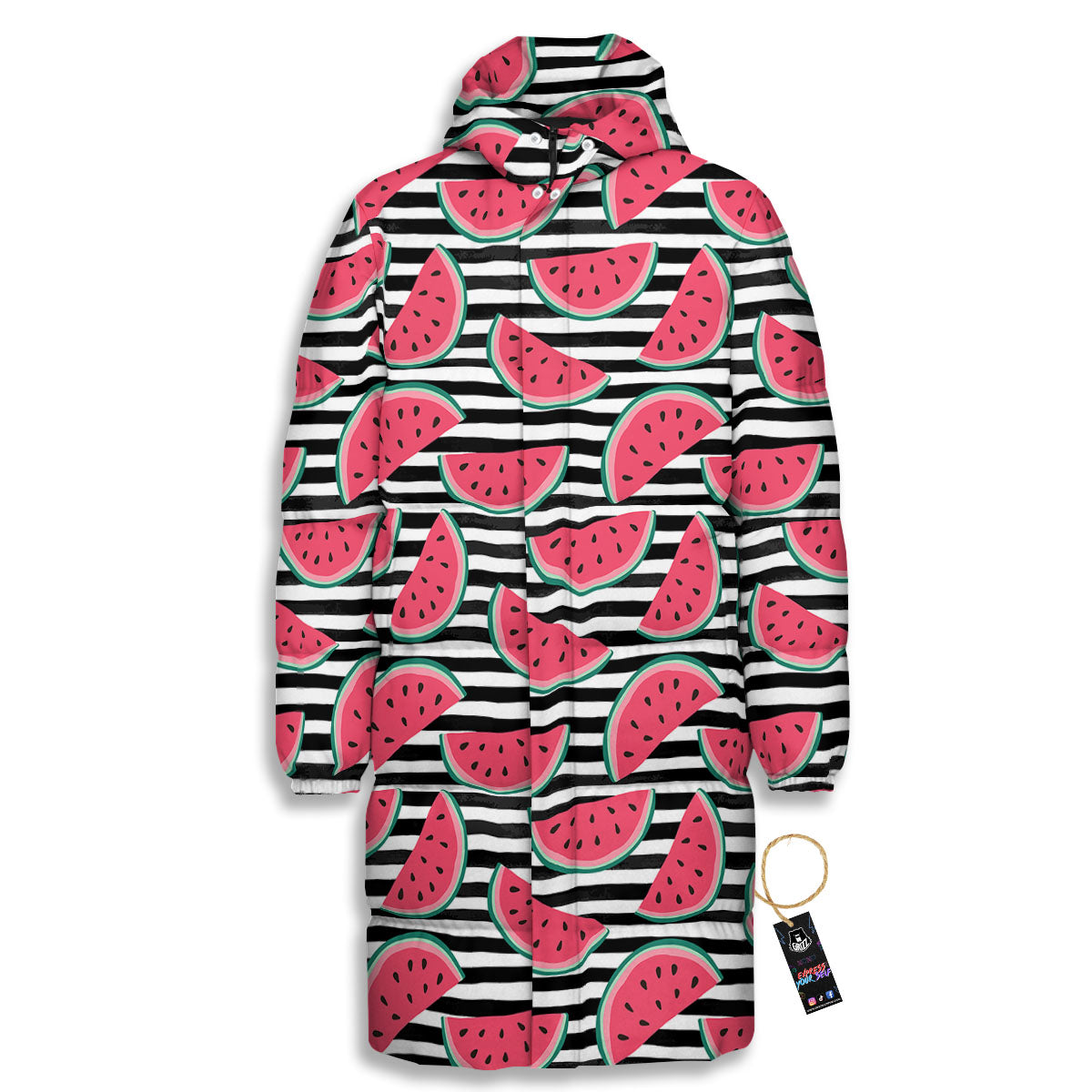Watermelon Black Striped Print Pattern Long Down Jacket