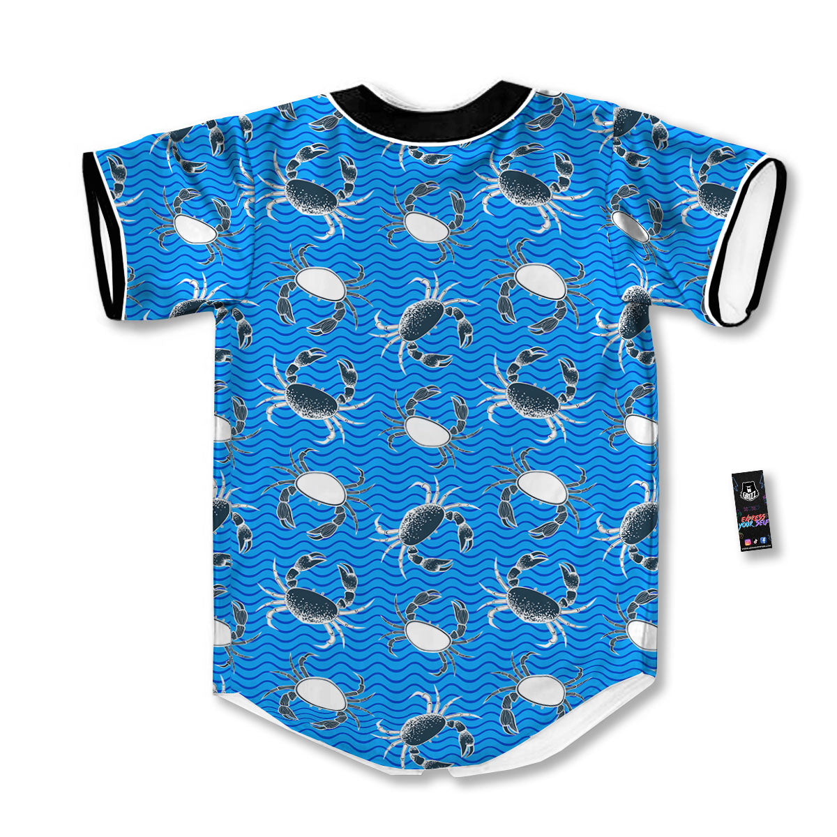 Wave Crab White And Blue Print Pattern Baseball Jersey-grizzshop