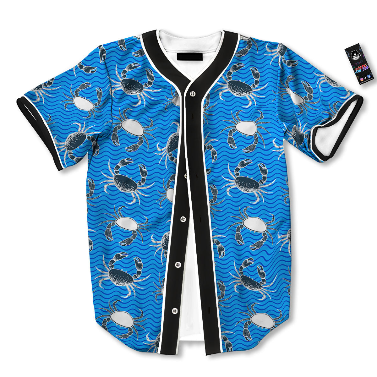 Wave Crab White And Blue Print Pattern Baseball Jersey-grizzshop