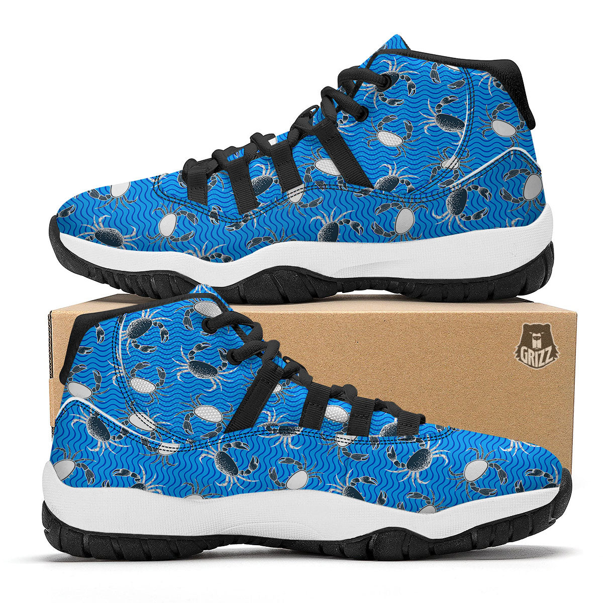 Wave Crab White And Blue Print Pattern Black Bball Shoes-grizzshop