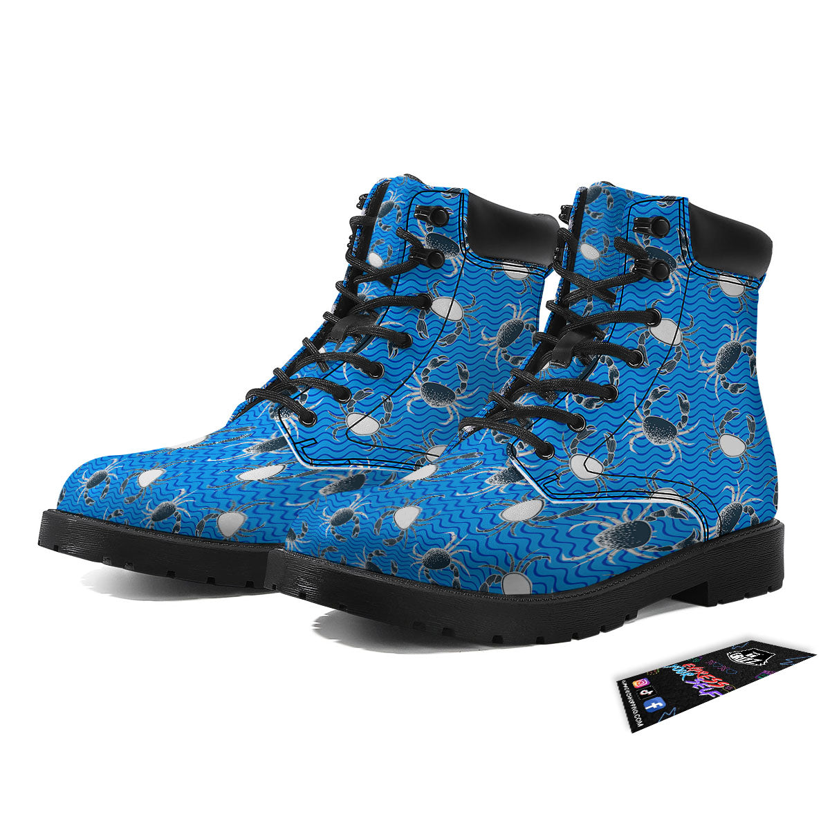 Wave Crab White And Blue Print Pattern Boots-grizzshop