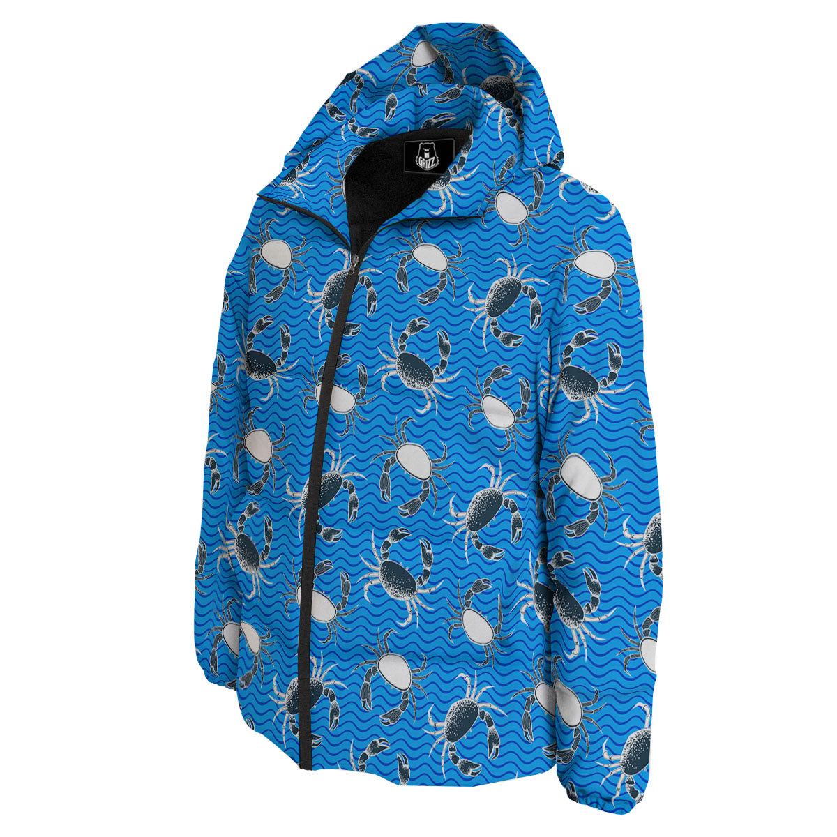 Wave Crab White And Blue Print Pattern Down Jacket-grizzshop