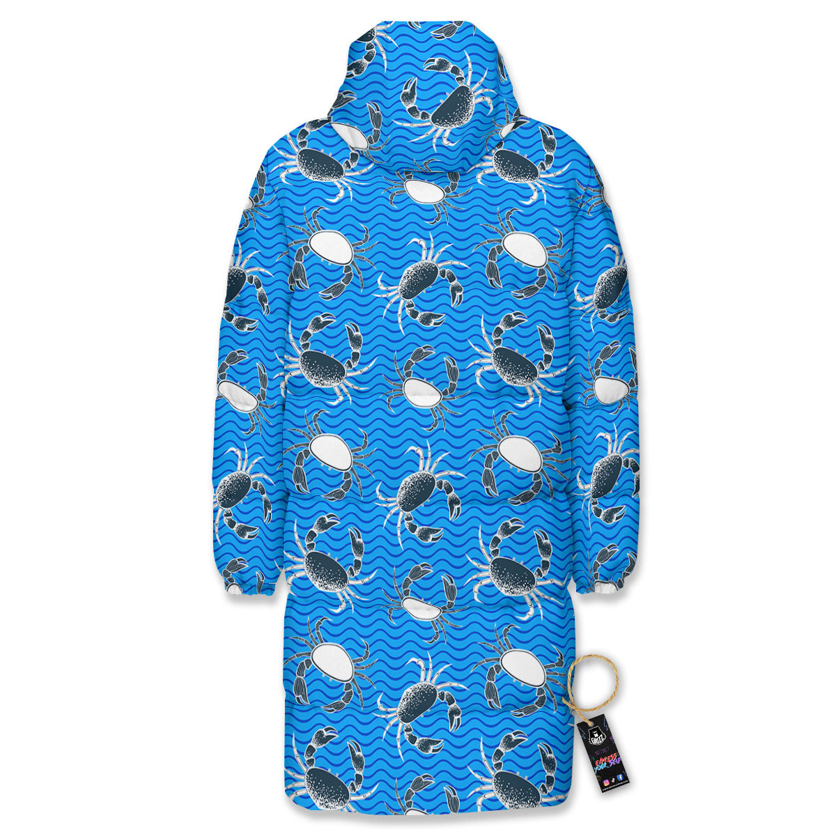 Wave Crab White And Blue Print Pattern Long Down Jacket-grizzshop