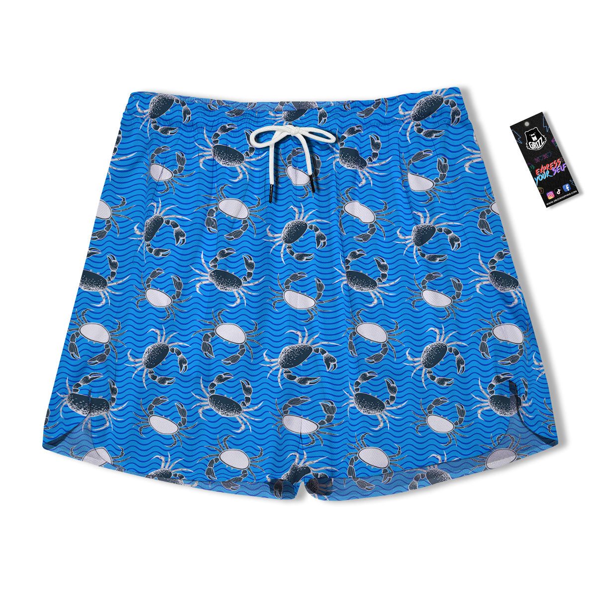 Wave Crab White And Blue Print Pattern Men's Running Shorts-grizzshop