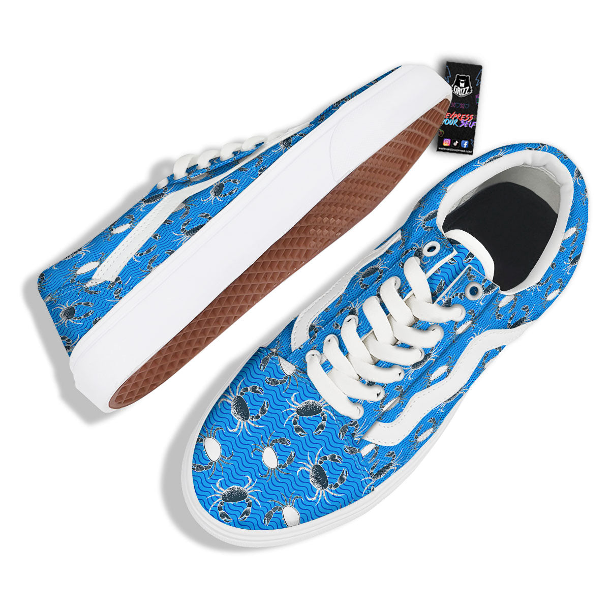 Wave Crab White And Blue Print Pattern Skate Shoes-grizzshop