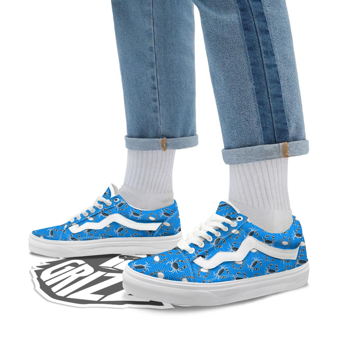 Wave Crab White And Blue Print Pattern Skate Shoes-grizzshop