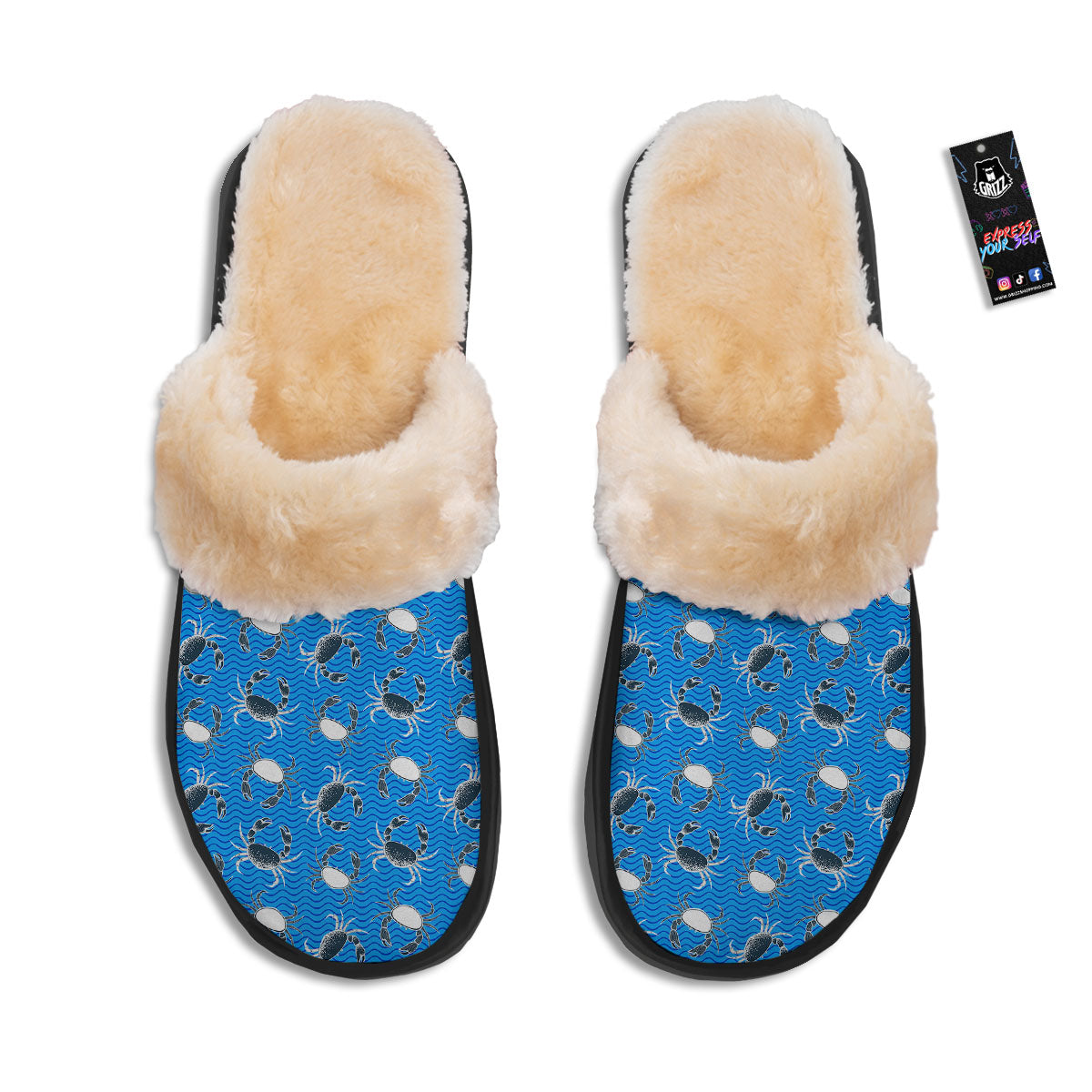 Wave Crab White And Blue Print Pattern Slippers-grizzshop