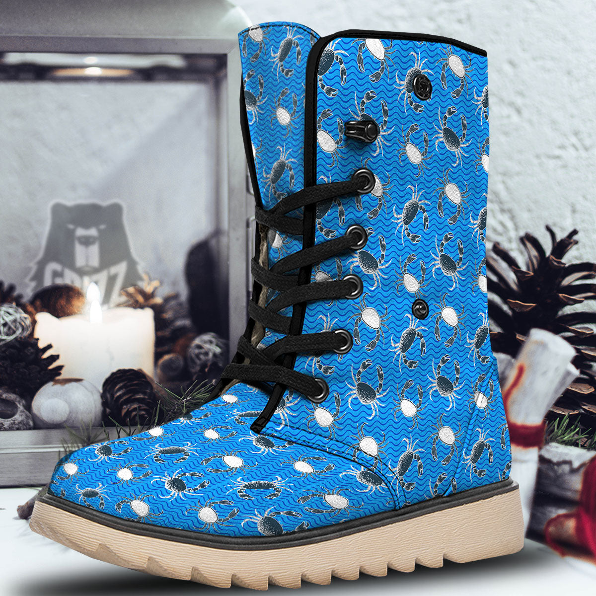 Wave Crab White And Blue Print Pattern Snow Boots-grizzshop