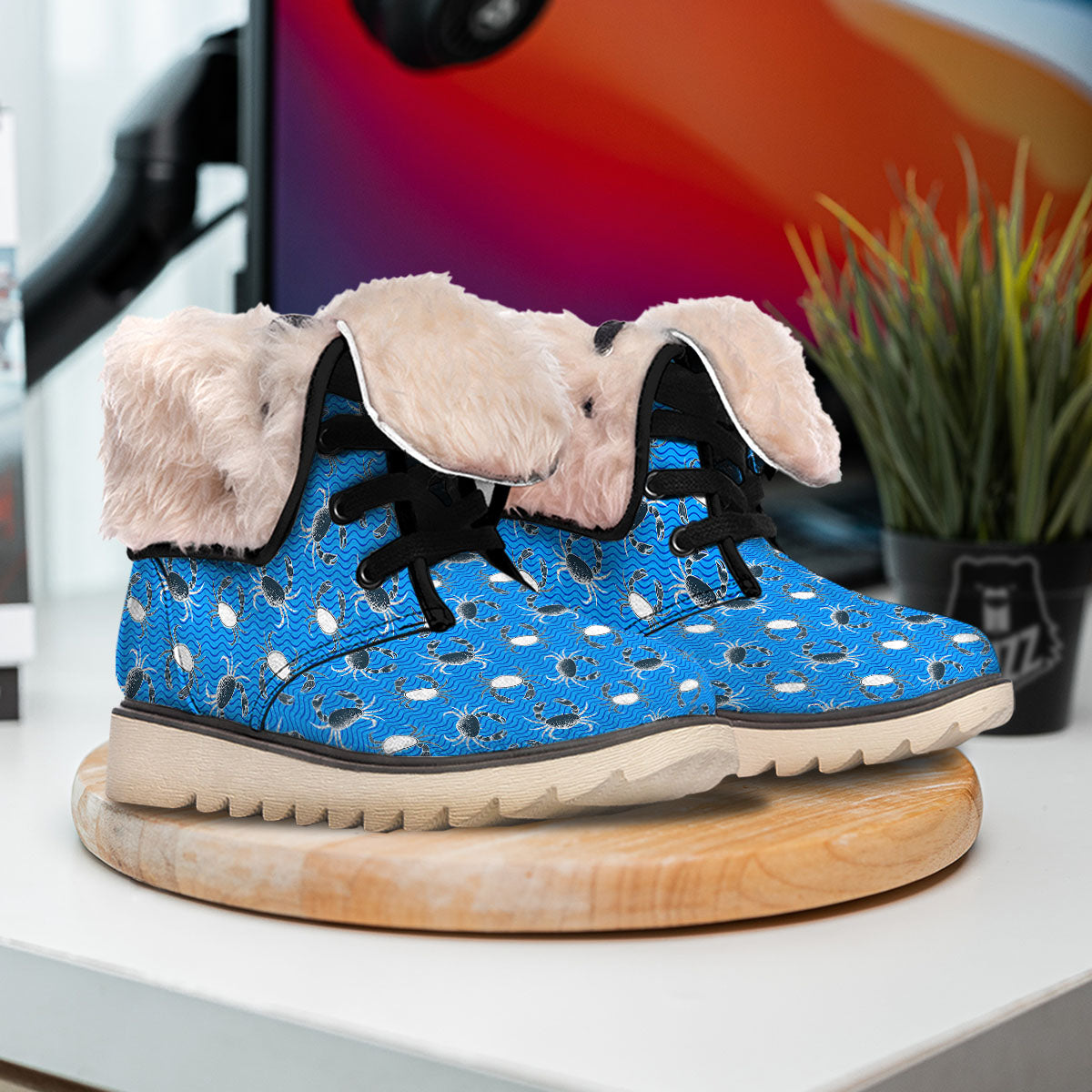 Wave Crab White And Blue Print Pattern Snow Boots-grizzshop