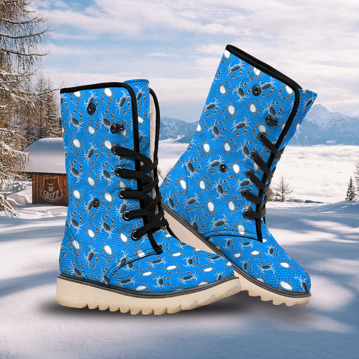 Wave Crab White And Blue Print Pattern Snow Boots-grizzshop